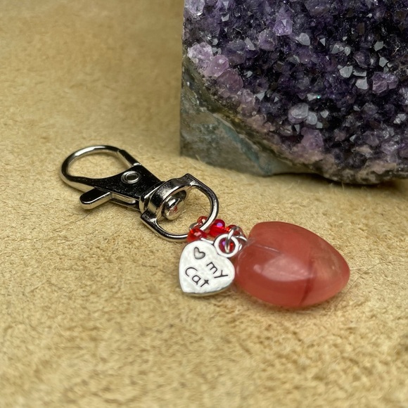 Natural Strawberry Quartz Crystal Charm With Love My Cat Charm Keychain - Picture 10 of 15